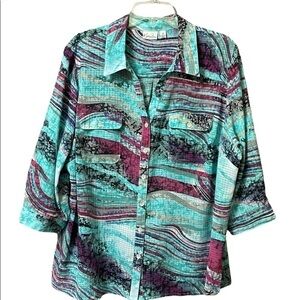 Kim Rogers V-neck 3/4 Sleeve Blouse Wave Print teal/plum women’s 3X